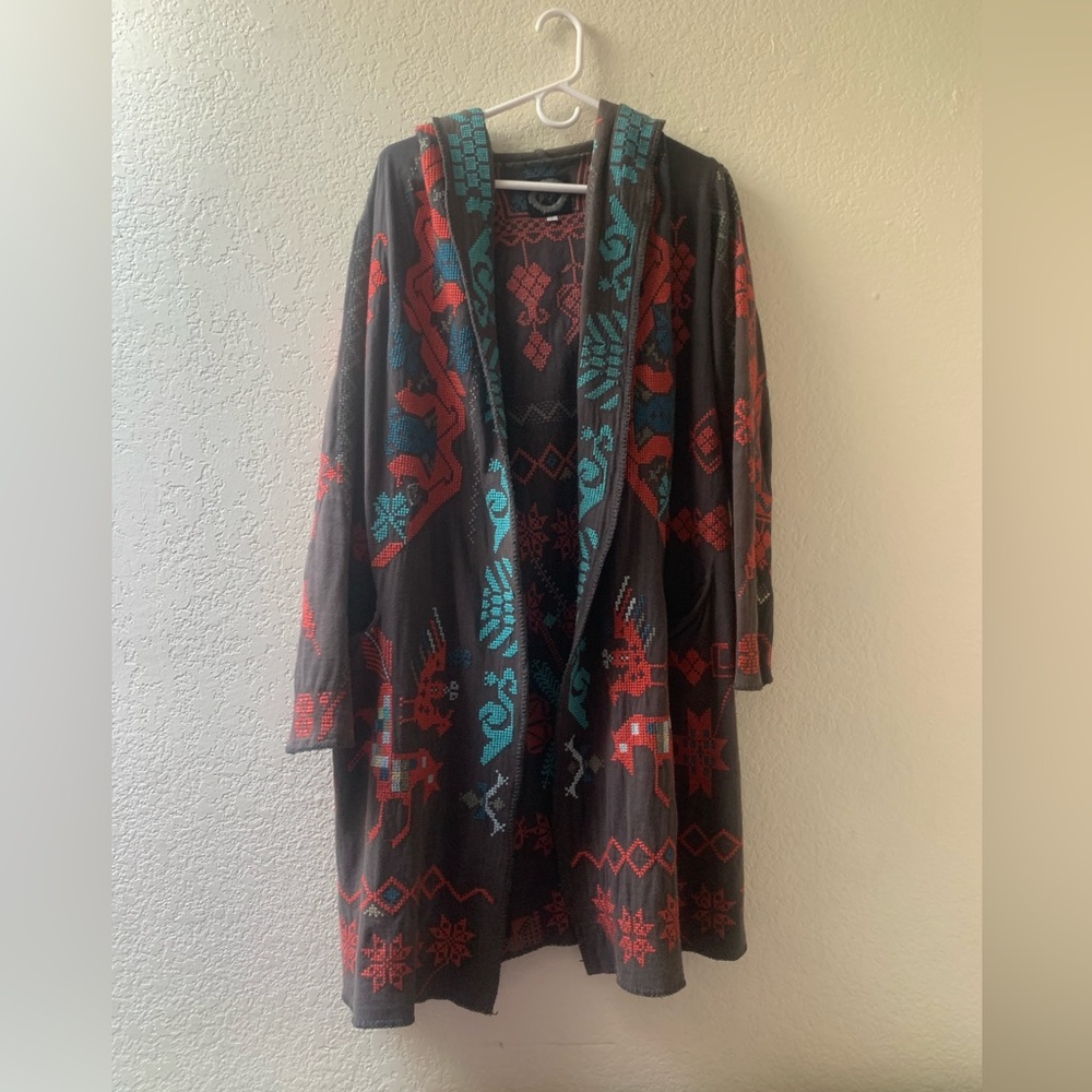 Johnny Was Biya Hooded Embroidered Coat Duster Cardigan small oversized